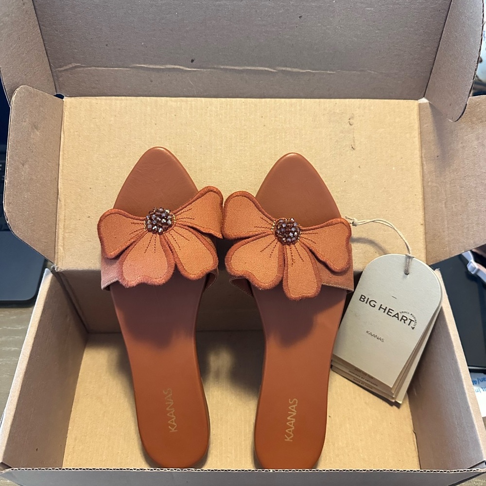 Kaanas Tan Sandals with Floral Detail - Bliss by Lun Flower Appliqué Sandals